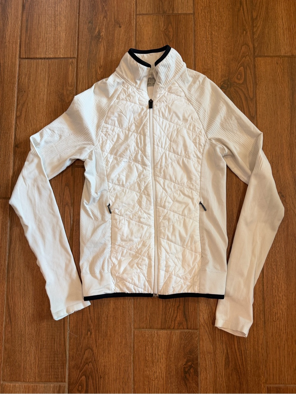 Athleta White Quilted Front Knit-Sleeve Zip Jacket